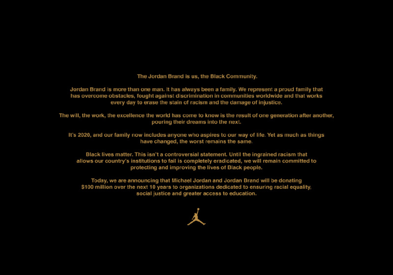 Майкл Джордан и Jordan Brand пожертвуют 100 млн долларов в течение 10 лет на борьбу с расовой дискриминацией